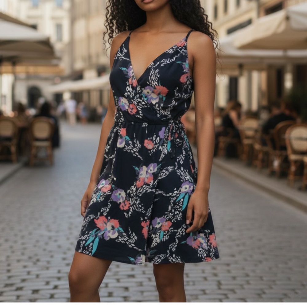 Yumi Kim Womens Back Zip Spaghetti Strap V‎ Neck Floral Dress Navy SM
